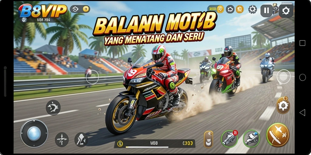 Tampilan gameplay seru dalam B8VIP saat balapan motor.