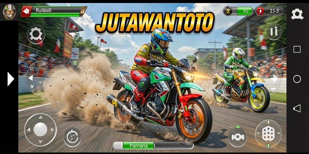 Screenshot utama JUTAWANTOTO menampilkan aksi balapan yang mendebarkan.
