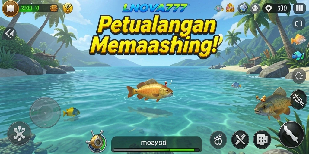 Gameplay LNOVA777 yang seru saat memancing di danau.