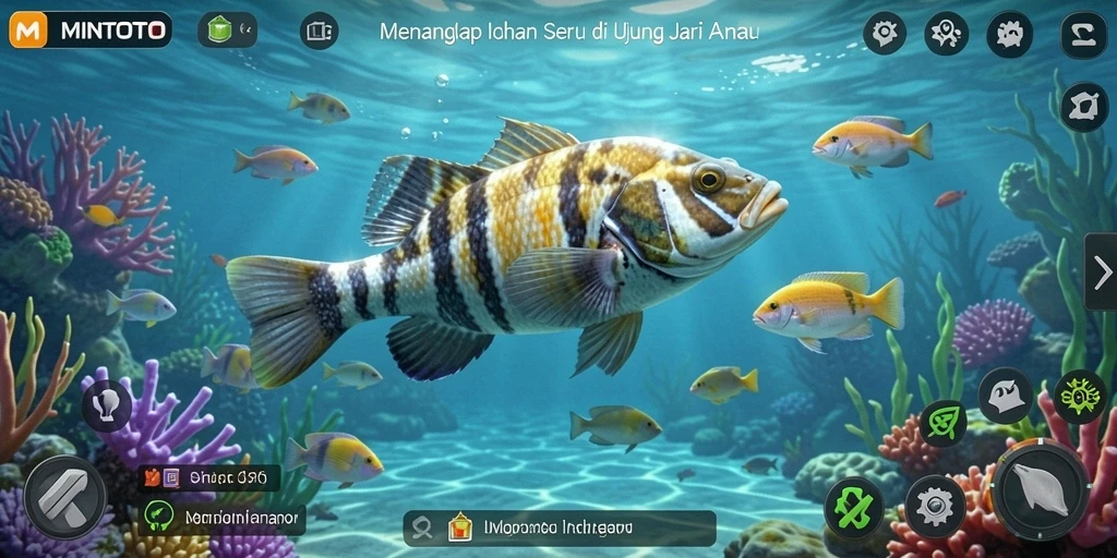 Screenshot MINTOTO menunjukkan keseruan menangkap ikan di berbagai lokasi.